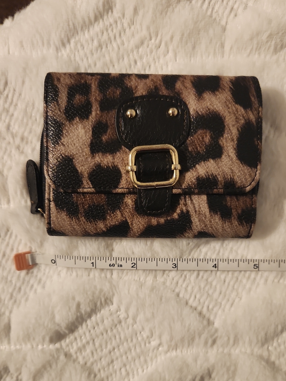 Leopard Print Compact Wallet with Buckle Accent - Picture 2 of 5